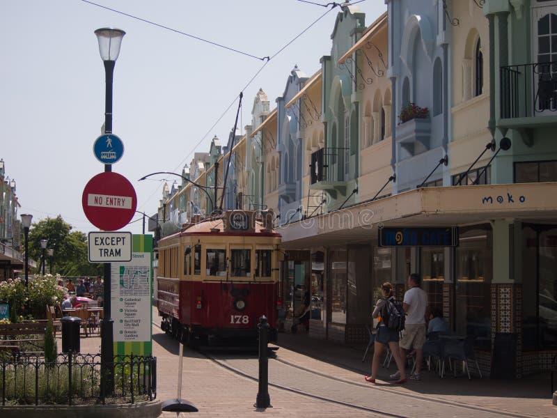 Spårvagn i nya Regent Street, Christchurch fotografering för bildbyråer