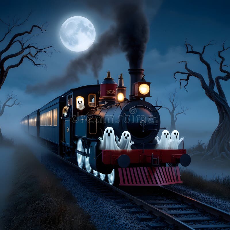 Spökträning i dimmigt nattläge med fullmåneskoky halloween digital konst till försäljning vektor illustrationer