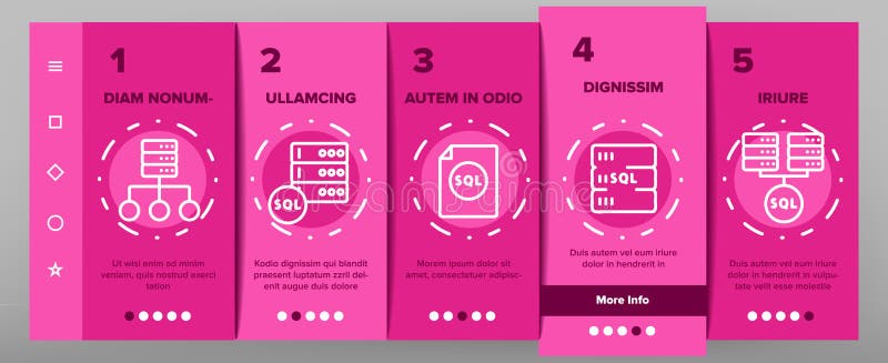 Sql Database Onboarding Icons Set Vector. Sql Database Onboarding Mobile App Page Screen Vector. Sql Computing Internet Security Protection And Networking Technology Illustrations
