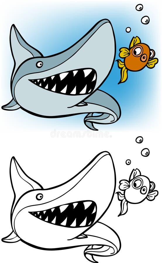 Cartoon image of a shark and fish - - both color and black / white versions. Cartoon image of a shark and fish - - both color and black / white versions.