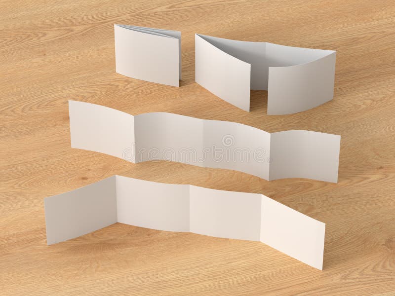 Square BBB fold brochure. Four panels, eight pages blank leaflet. Mock up on wooden background for presentation design. Folded vector illustration