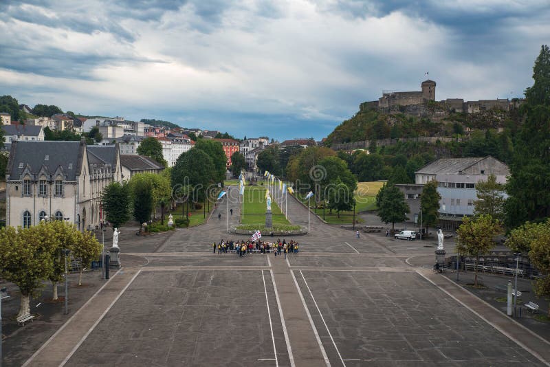 Square, Citadel and Town of Lourdes Stock Photo Image of street