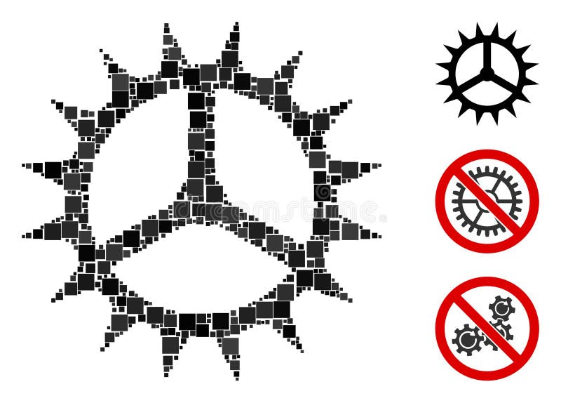 Square Clock Cog Icon Vector Mosaic. Mosaic Clock cog icon composed of square elements in random sizes and color hues. Vector square elements are composed into abstract composition clock cog icon. Bonus pictograms are added