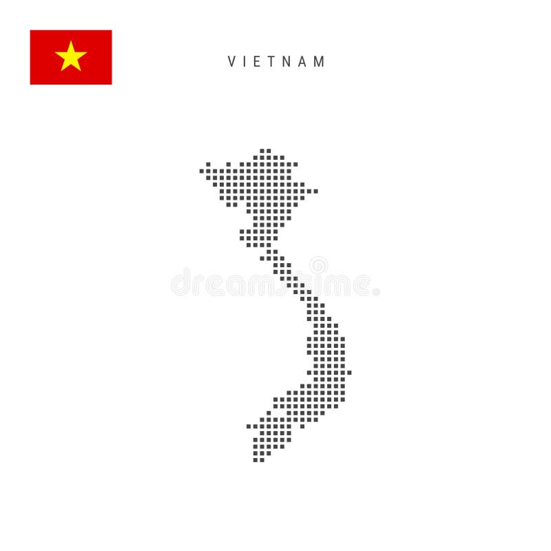 Square dots pattern map of Vietnam. Vietnamese dotted pixel map with flag. Vector illustration. Vietnamese dotted pixel map with national flag isolated on white background.