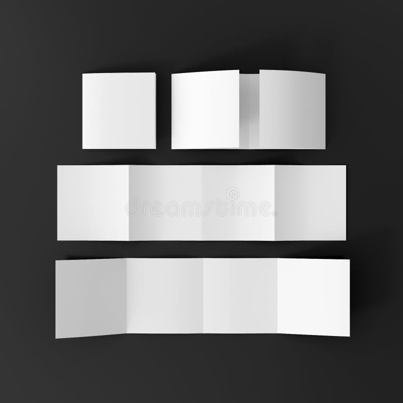 Square double gate fold brochure. Four panels, eight pages blank leaflet. Mock up on black background for presentation design. stock illustration
