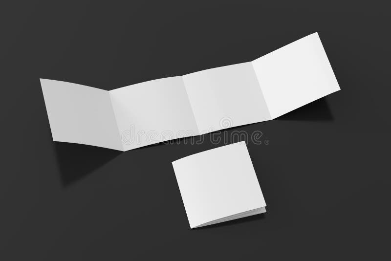 Square double gate fold brochure. Four panels, eight pages blank leaflet. Mock up on black background for presentation design. stock illustration