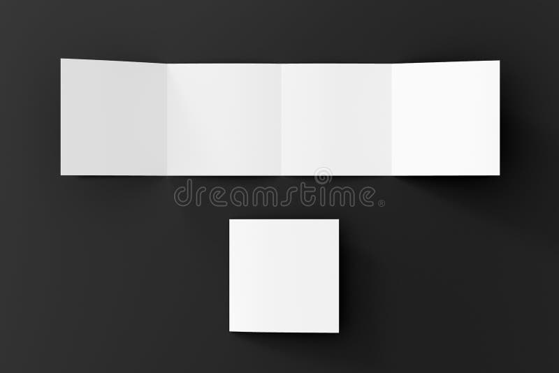 Square double gate fold brochure. Four panels, eight pages blank leaflet. Mock up on black background for presentation design. stock illustration