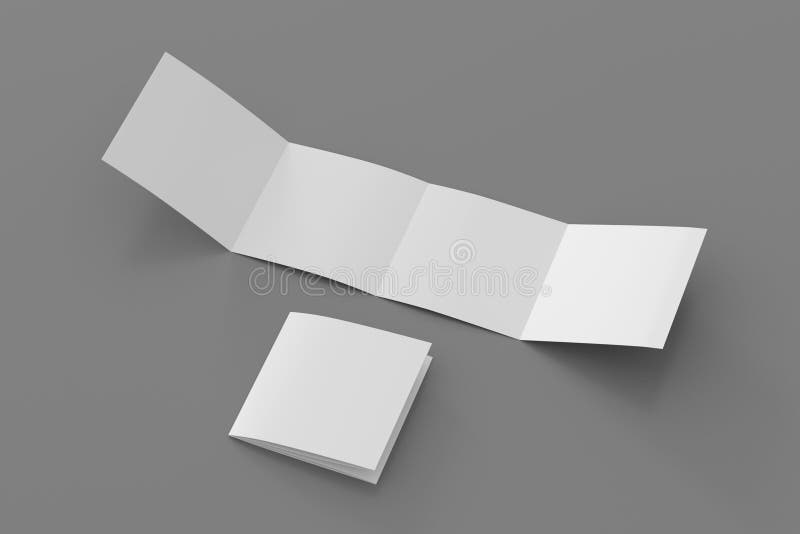 Square double gate fold brochure. Four panels, eight pages blank leaflet. Mock up on gray background for presentation design. vector illustration