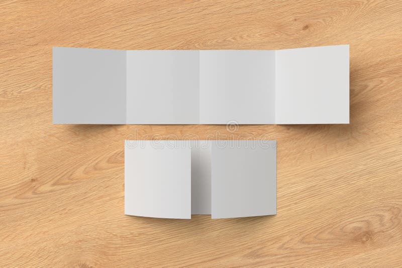 Square double gate fold brochure. Four panels, eight pages blank leaflet. Mock up on wooden background for presentation design. vector illustration