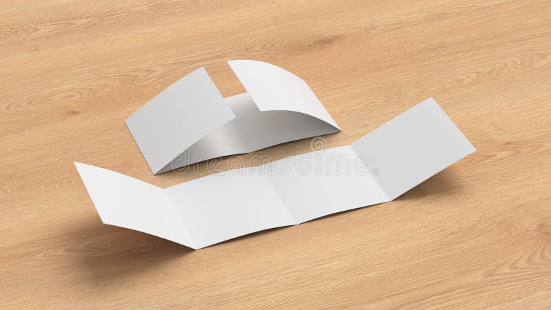 Square double gate fold brochure. Four panels, eight pages blank leaflet. Mock up on wooden background for presentation design. vector illustration