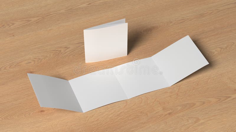 Square double gate fold brochure. Four panels, eight pages blank leaflet. Mock up on wooden background for presentation design. vector illustration