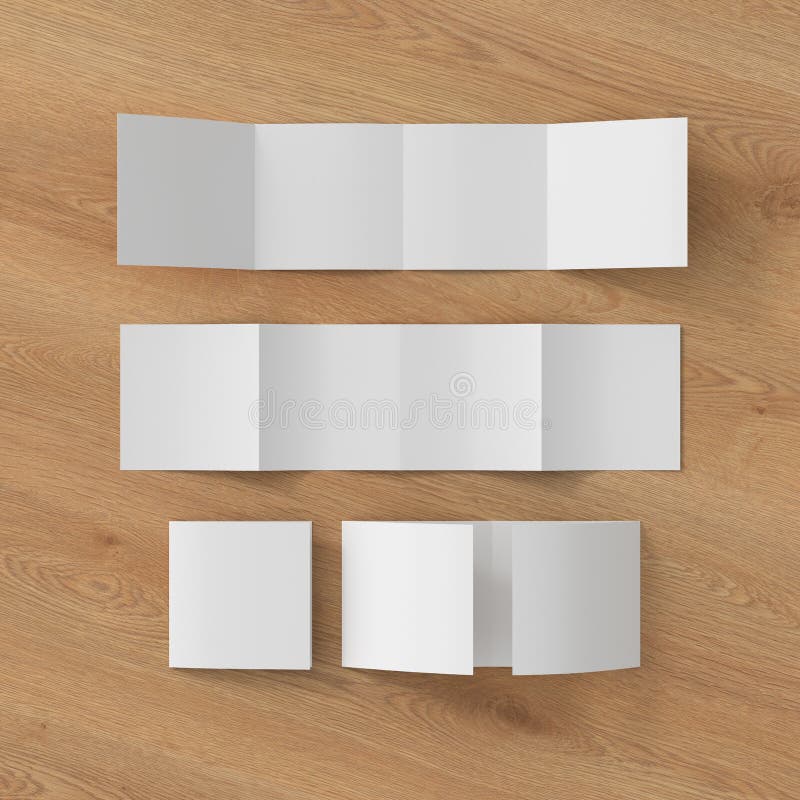 Square double gate fold brochure. Four panels, eight pages blank leaflet. Mock up on wooden background for presentation design. stock illustration