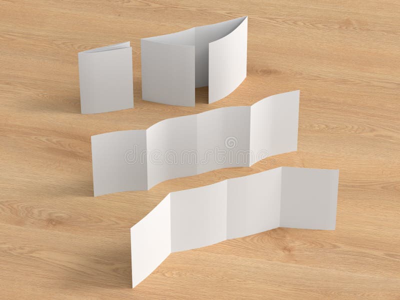 Square double gate fold brochure. Four panels, eight pages blank leaflet. Mock up on wooden background for presentation design. royalty free illustration.