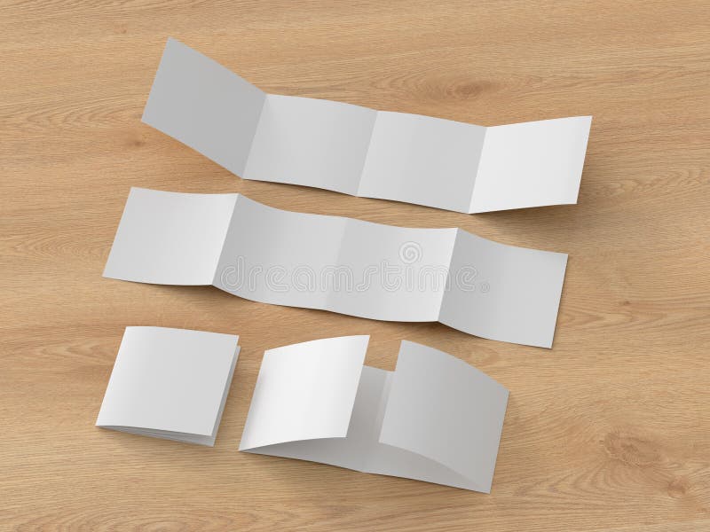 Square double gate fold brochure. Four panels, eight pages blank leaflet. Mock up on wooden background for presentation design. vector illustration