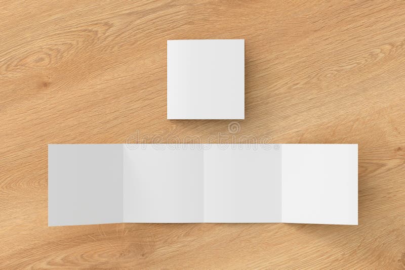 Square double gate fold brochure. Four panels, eight pages blank leaflet. Mock up on wooden background for presentation design. royalty free illustration.