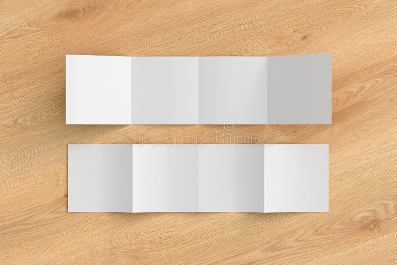 Square double gate fold brochure. Four panels, eight pages blank leaflet. Mock up on wooden background for presentation design. vector illustration