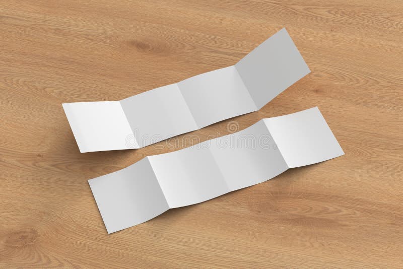 Square double gate fold brochure. Four panels, eight pages blank leaflet. Mock up on wooden background for presentation design. stock illustration