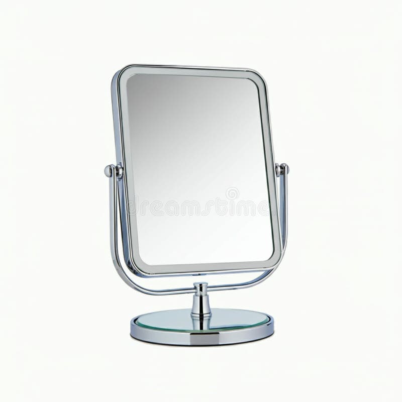 A square, double-sided tabletop mirror with a sleek chrome finish. It features royalty free illustration