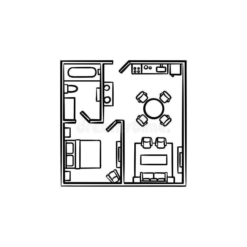 Floor Plan With Furniture Hand Drawn Outline Doodle Icon Stock Vector