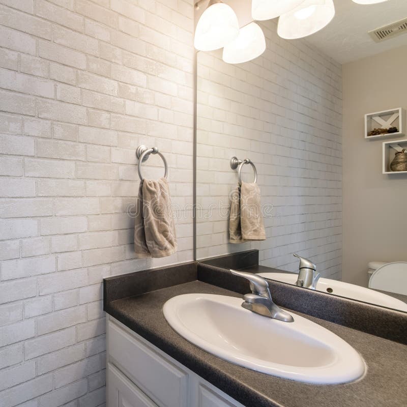 Square Frame Bathroom Interior with Vanity Sink and White Bricks Wall