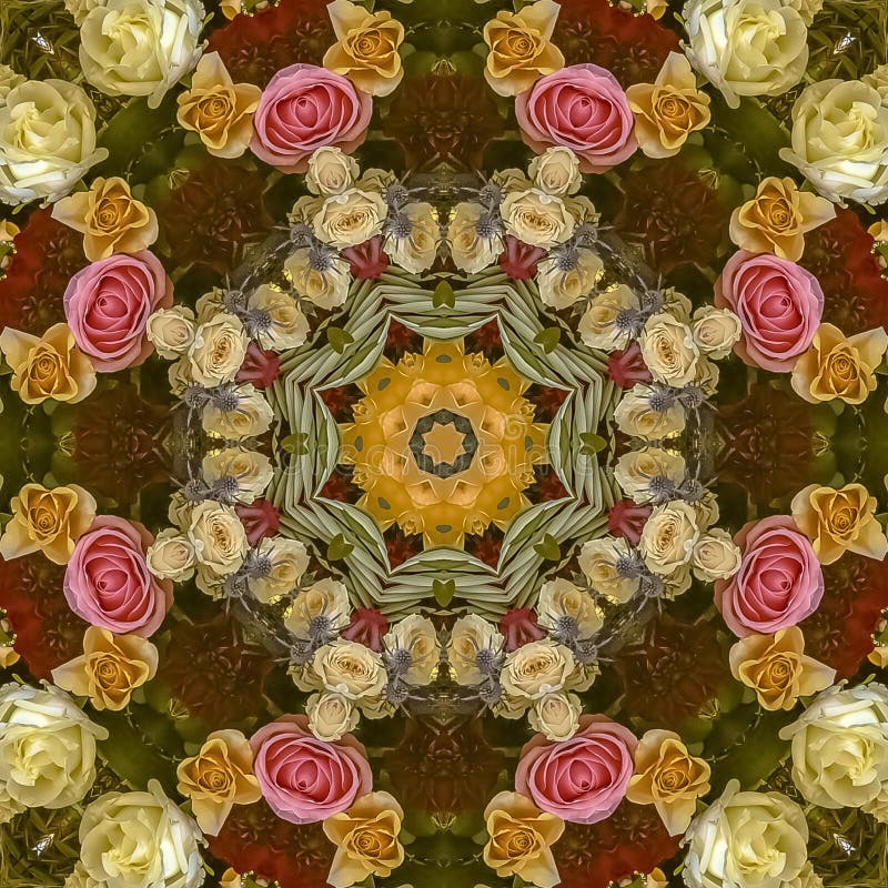 Square frame Circular wedding flower design with a warm color cast. Geometric kaleidoscope pattern on mirrored axis of symmetry reflection. Colorful shapes as royalty free stock photography Square frame Circular wedding flower design with a warm color cast. Geometric kaleidoscope pattern on mirrored axis of symmetry reflection. Colorful shapes as royalty free stock photography