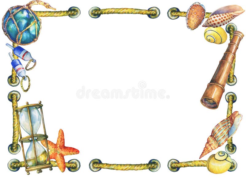 Square frame with rope, nautical objects.