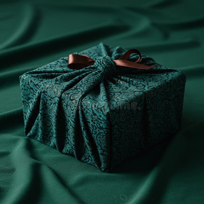 Square gift box wrapped in teal fabric with intricate patterns and subtle gold accents. stock illustration
