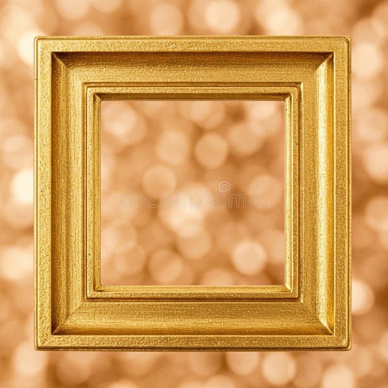 Square gold frame with a textured, metallic finish. Background consists of soft, out-of- royalty free illustration