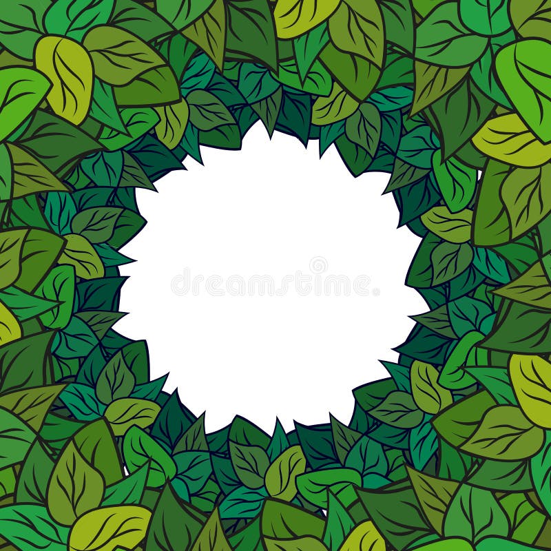 Square greeting card with wreath of green cartoon leaves stock illustration