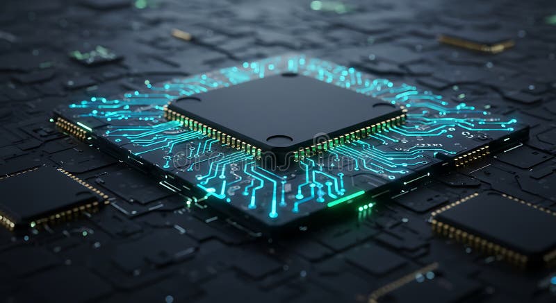Square microchip with glowing blue circuitry set on a dark, complex circuit board. Th vector illustration
