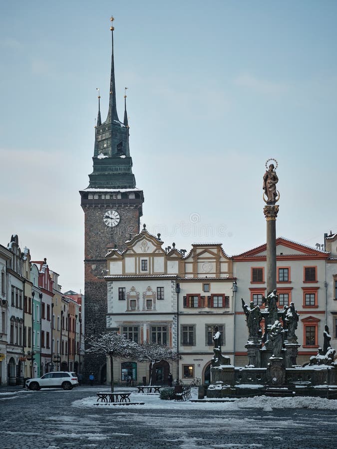 Square and observation tower with a clock in Pardubice, Czech Republic