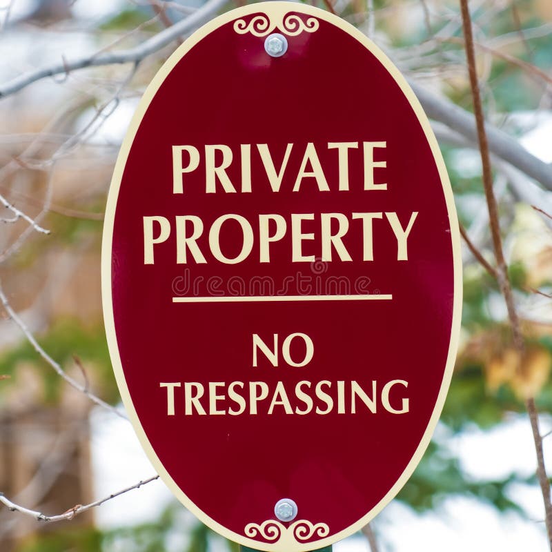 Square Oval shape Private Property No Trespassing sign with red and white colors stock images
