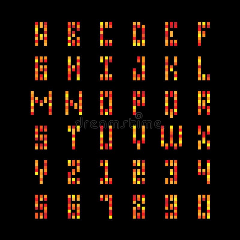 Square particles fire font. City building windows light letters.