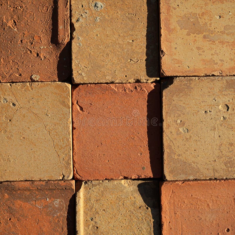 Square paving stones in a grid pattern, varying in shades from light beige to rust orange. The stones have a rough texture with visible cracks and chips, highlighting their weathered appearance. Each stone is uniform in size and neatly aligned, creating a patterned surface. Shadows suggest bright sunlight, enhancing the texture and color contrast. The arrangement reflects a worn and rustic aesthetic, typical of traditional pavement or courtyard designs. Rust shades illustrations