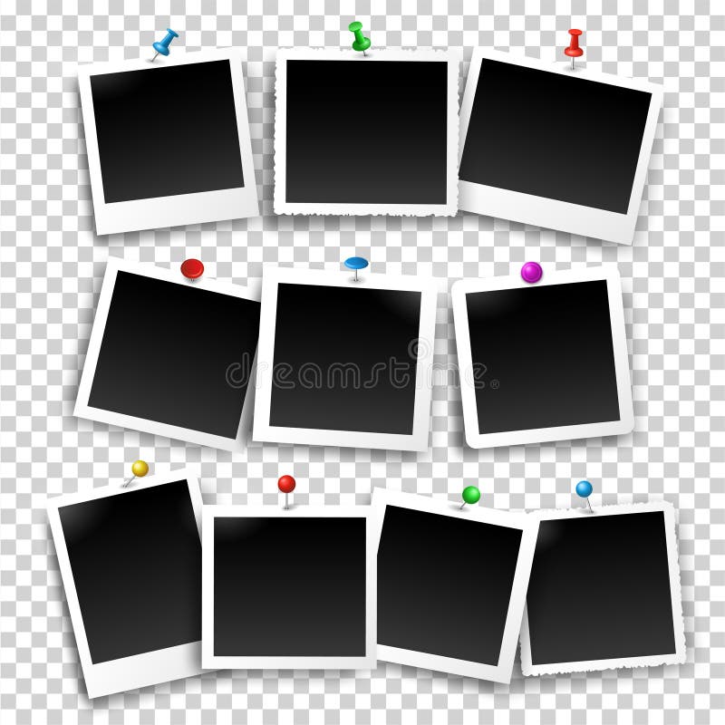 Square Photo Frames Set Fixed with Push Pins and Thumbtacks. Vector