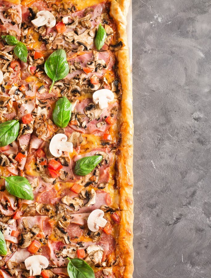 Square Pizza with Basil Tomatoes and Mushrooms Stock Photo - Image of ...