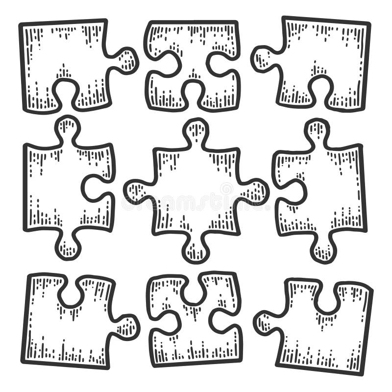 Square puzzle icon. Not assembled nine pieces. Sketch scratch board imitation. Black and white. Engraving vector illustration
