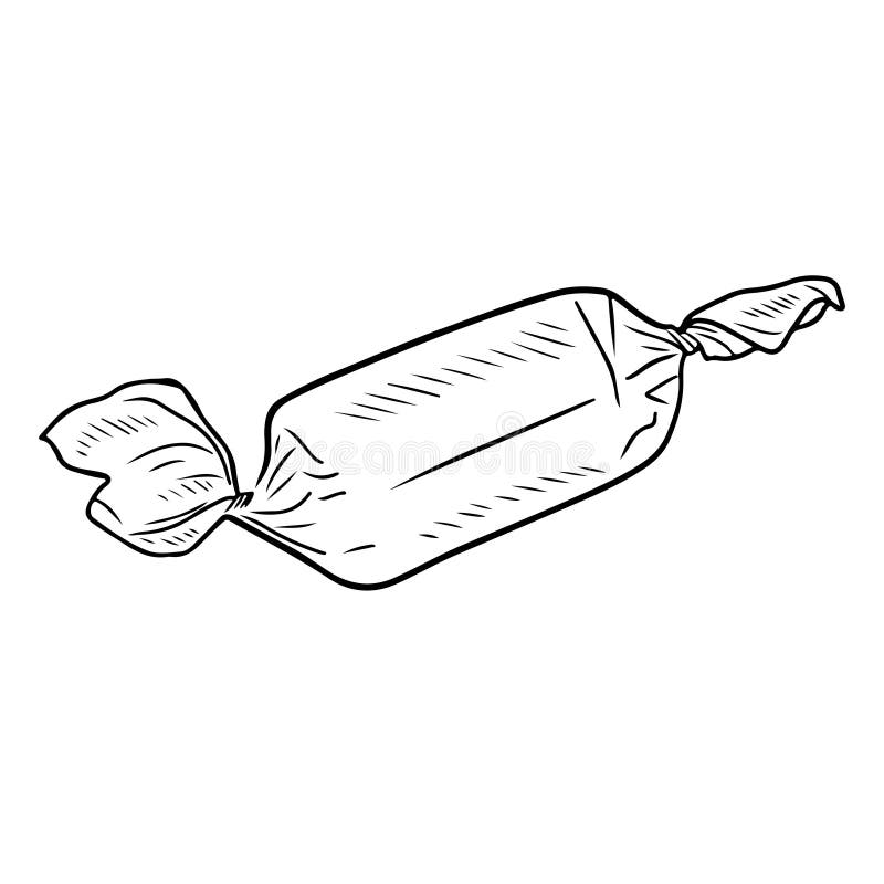 Square realistic chocolate candy in package in black isolated on white background. Hand drawn vector sketch illustration in doodle vector illustration