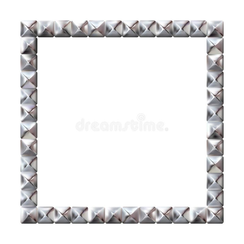 Square realistic frame from silver square rivets pyramid claws for leather. Slender on white background. Steel, photo frame vector illustration