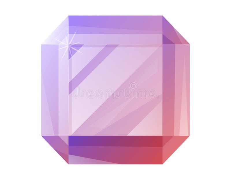 Square realistic purple glowing gemstone. Vector isolated cartoon treasure jewel. vector illustration