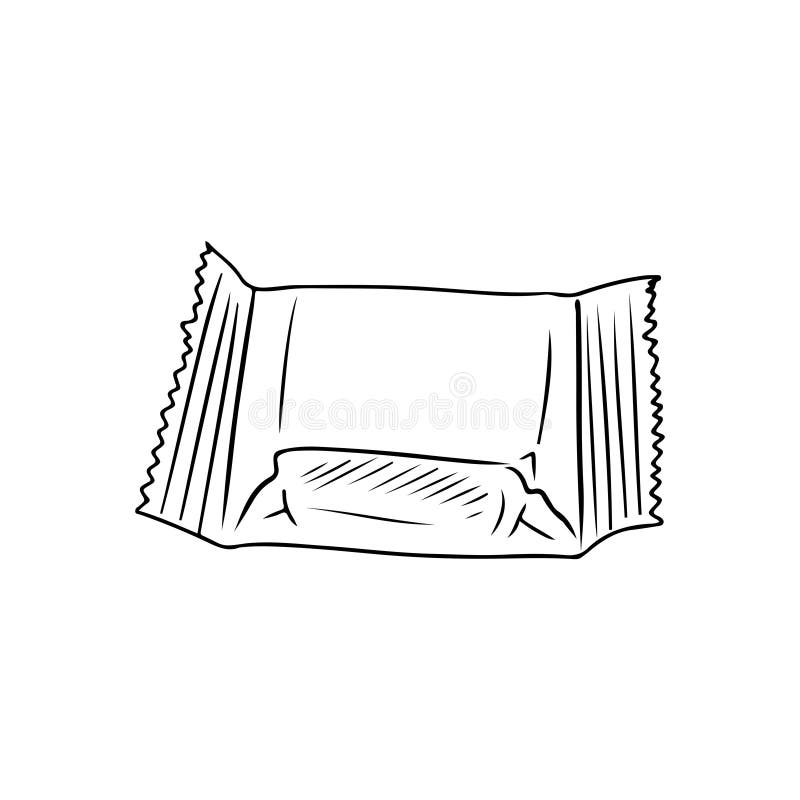 Square realistic waffle chocolate candy in package in black isolated on white background. Hand drawn vector sketch illustration in royalty free illustration