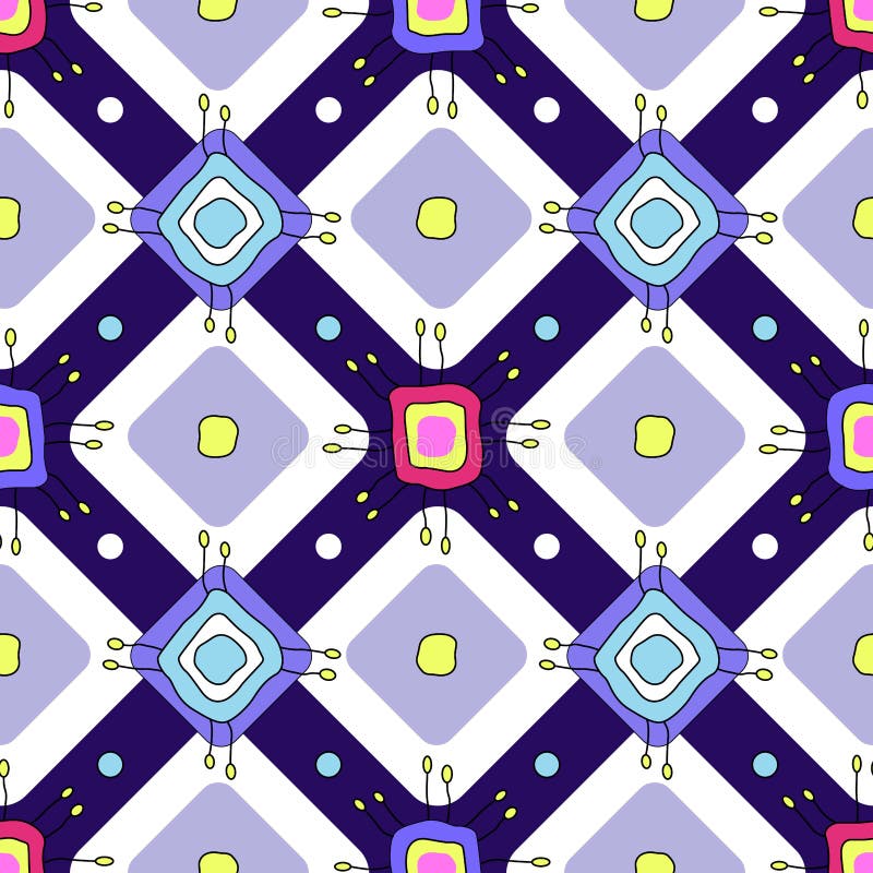 Square and rounded multicolored shapes with tendrils and rounded corners create a festive pattern. Colorful abstract seamless text vector illustration