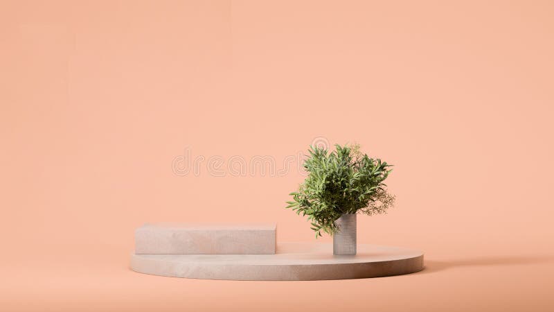 Square showcase and palm tree in vase on round podium display on pale peach colored background. Minimal design. 3d