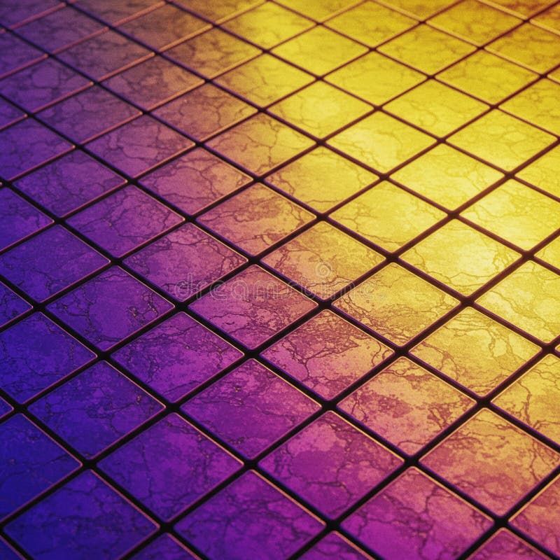 Square tiles featuring an abstract, marble-like texture with a gradient of purple to yellow stock illustration