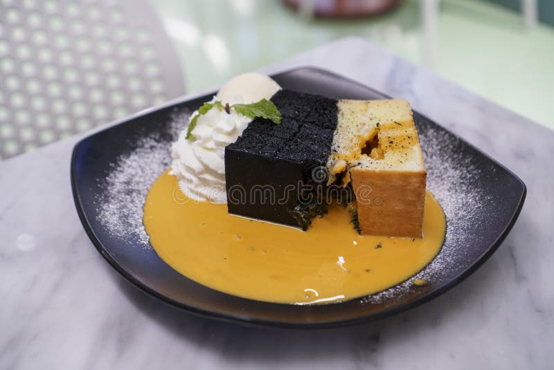 Salted Egg Lava Toast with ice cream. stock photography