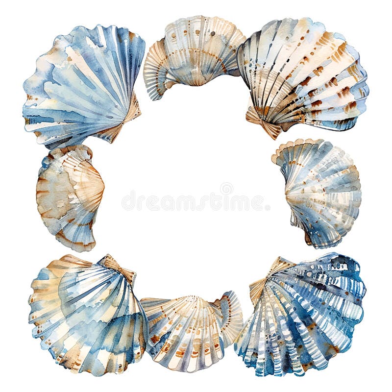 Square watercolor sea shell frame in muted blues and beige empty in the middle on a white background stock illustration