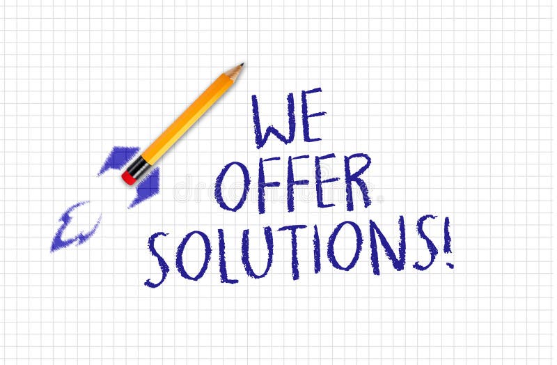Squared or quad paper with pencil rocket and business message We offer solutions stock photo Squared or quad paper with pencil rocket and business message We offer solutions stock photo