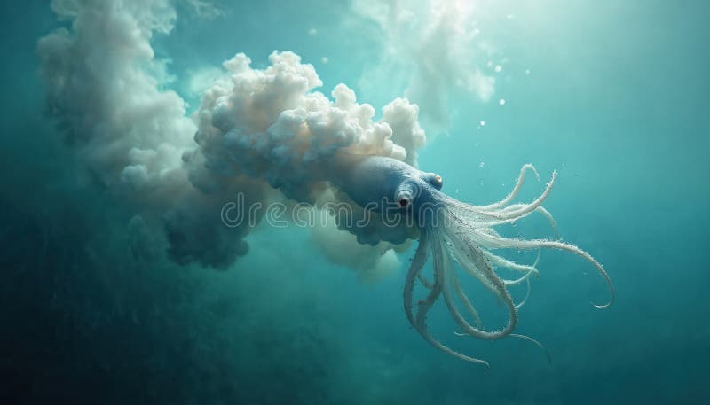 Squid releases ink cloud underwater. Mesmerizing smoke effect, artistic display. Marine life abstract, marine animal, underwater royalty free stock photos