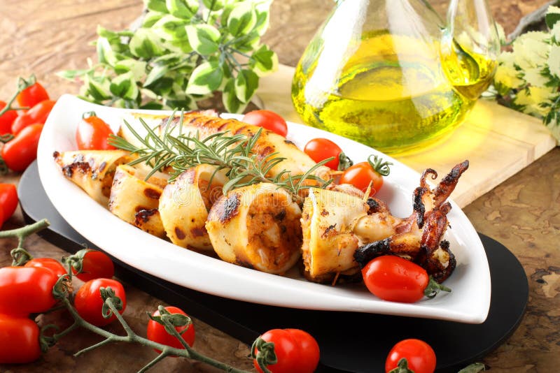 Squid Stuffed with Bread Crumbs and Tomatoes Stock Photo - Image of