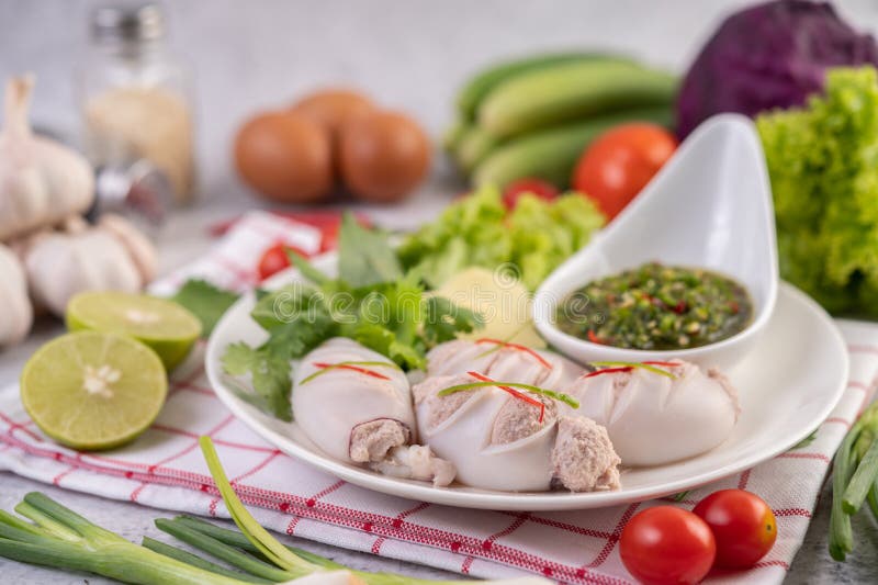 Squid Stuffed with Cooked Pork with Seafood Sauce Stock Photo - Image